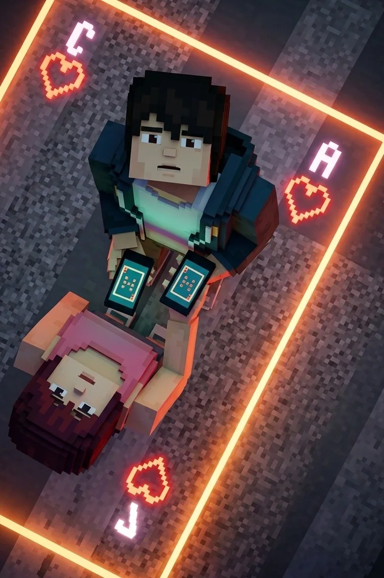 Personaje de Minecraft atrapado dentro de una carta de neón