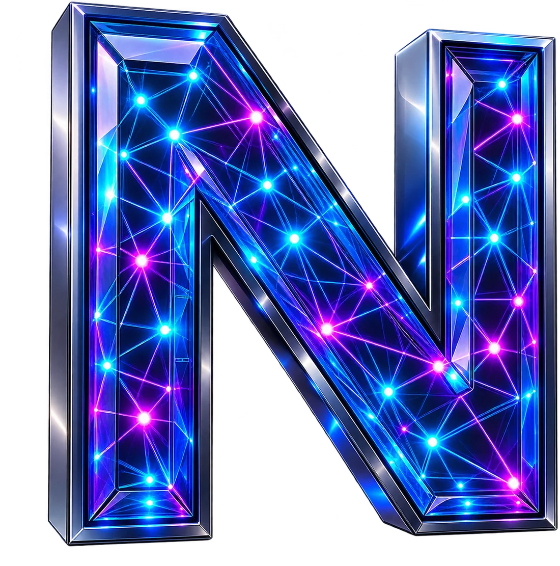 Monograma de Neura Network: una N tridimensional recorrida por una red de nodos luminosos