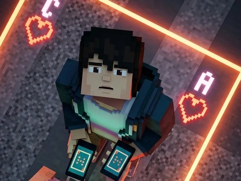 Personaje de Minecraft dentro de una carta de neón en Alice in Bordercraft