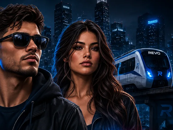 Dos personajes de Revo RP frente al horizonte nocturno de la ciudad