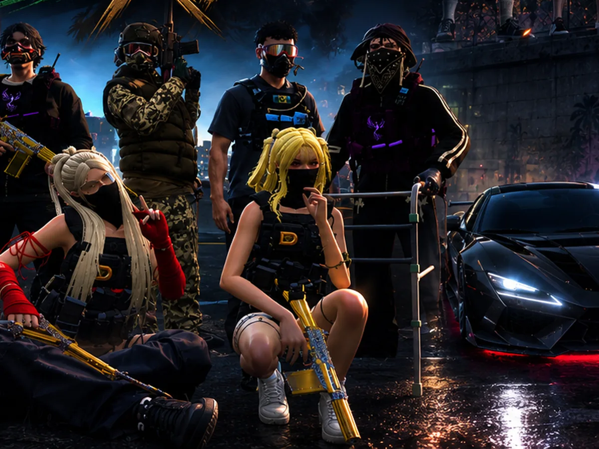 Personajes de Xibalba RP en una calle mojada junto a un deportivo